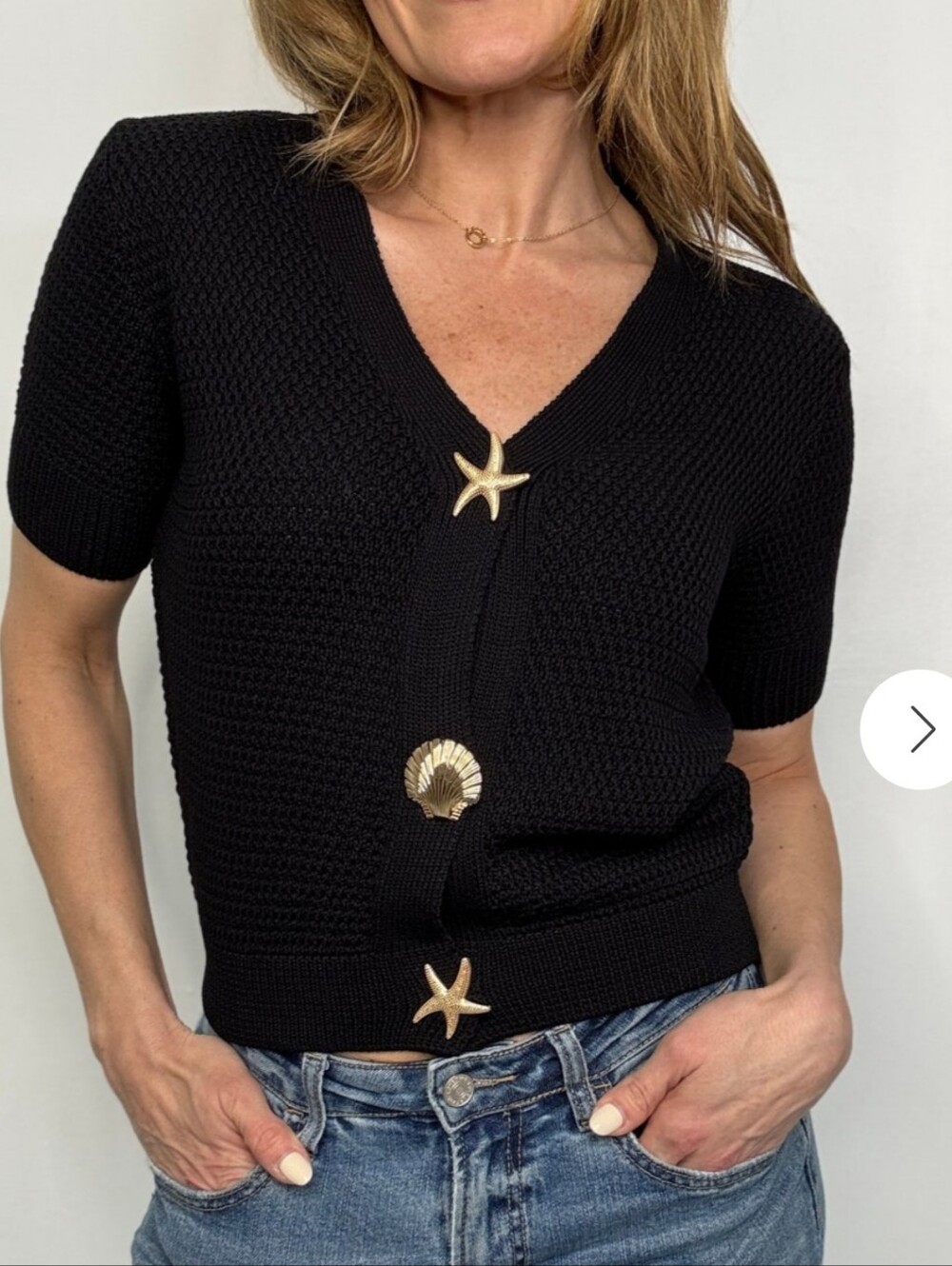 Love Tree Black V-Neck Short-Sleeve Sweater with Gold Shell Buttons